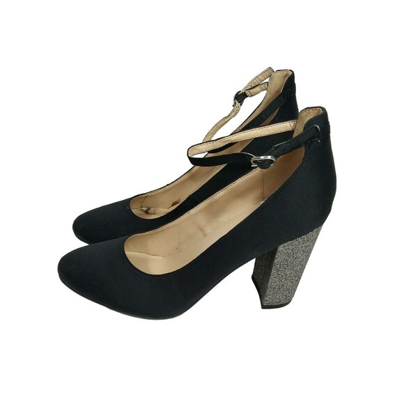 Marc Fisher Ankle Strap Block Heel Shoes Retro Women Size 8.5 M Black Silver - Picture 2 of 9